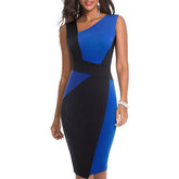 Vintage Women Patchwork Asymmetrical Collar Dress Elegant Sheath Slim Dress - Acapparelstore